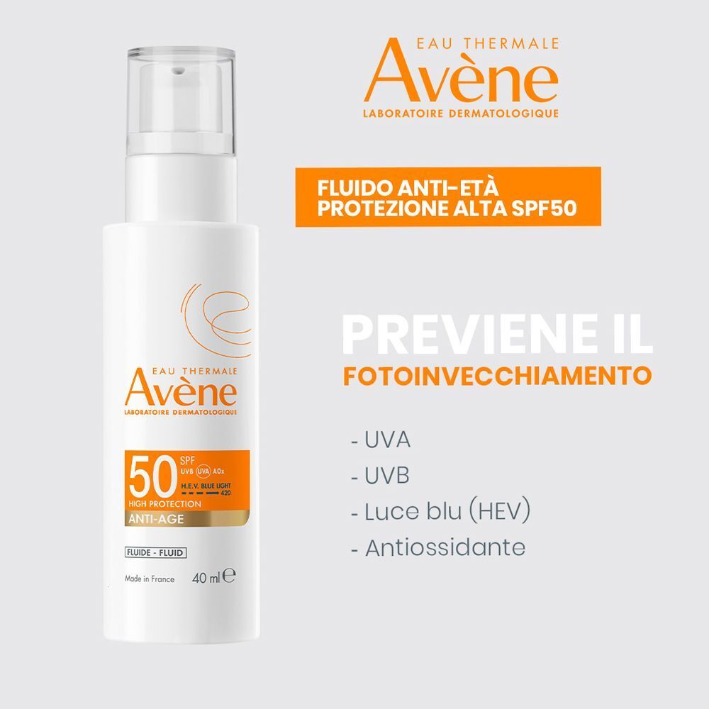 Un flacone spray Eau Thermale Avène Fluido Anti-Età SPF 50, con testo su protezione UVA/UVB.