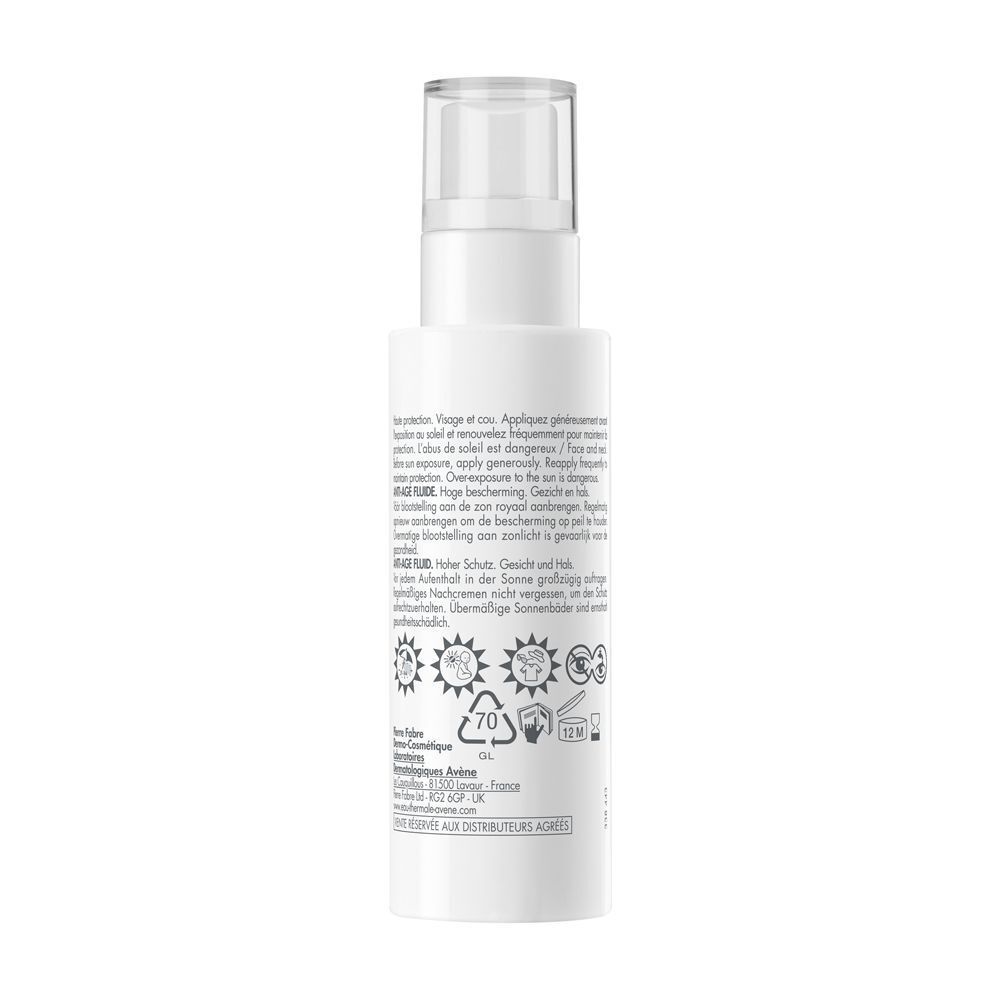 Retro di un flacone spray Eau Thermale Avène Fluido Anti-Età SPF 50 con istruzioni.