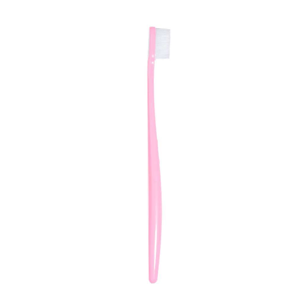 Uno spazzolino rosa con testina bianca e scritta "GELDIS".