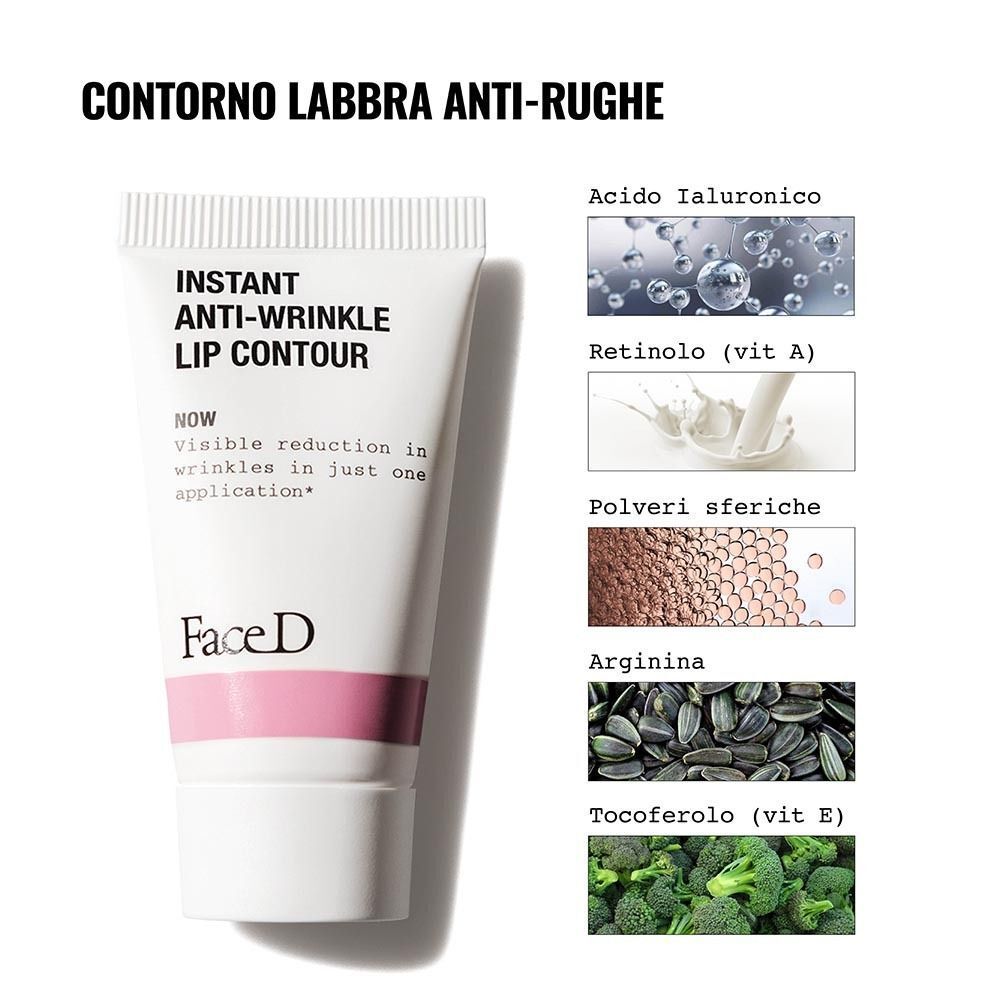 Tubetto "Instant Anti-Wrinkle Lip Contour" di FaceD con immagini di ingredienti come Acido Ialuronico e Retinolo.