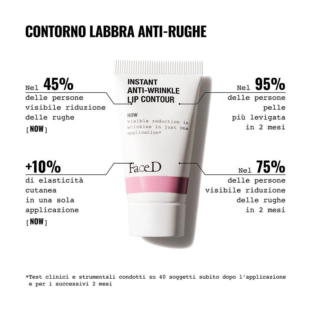 Tubetto "Instant Anti-Wrinkle Lip Contour" di FaceD con risultati clinici su riduzione rughe e compattezza pelle.