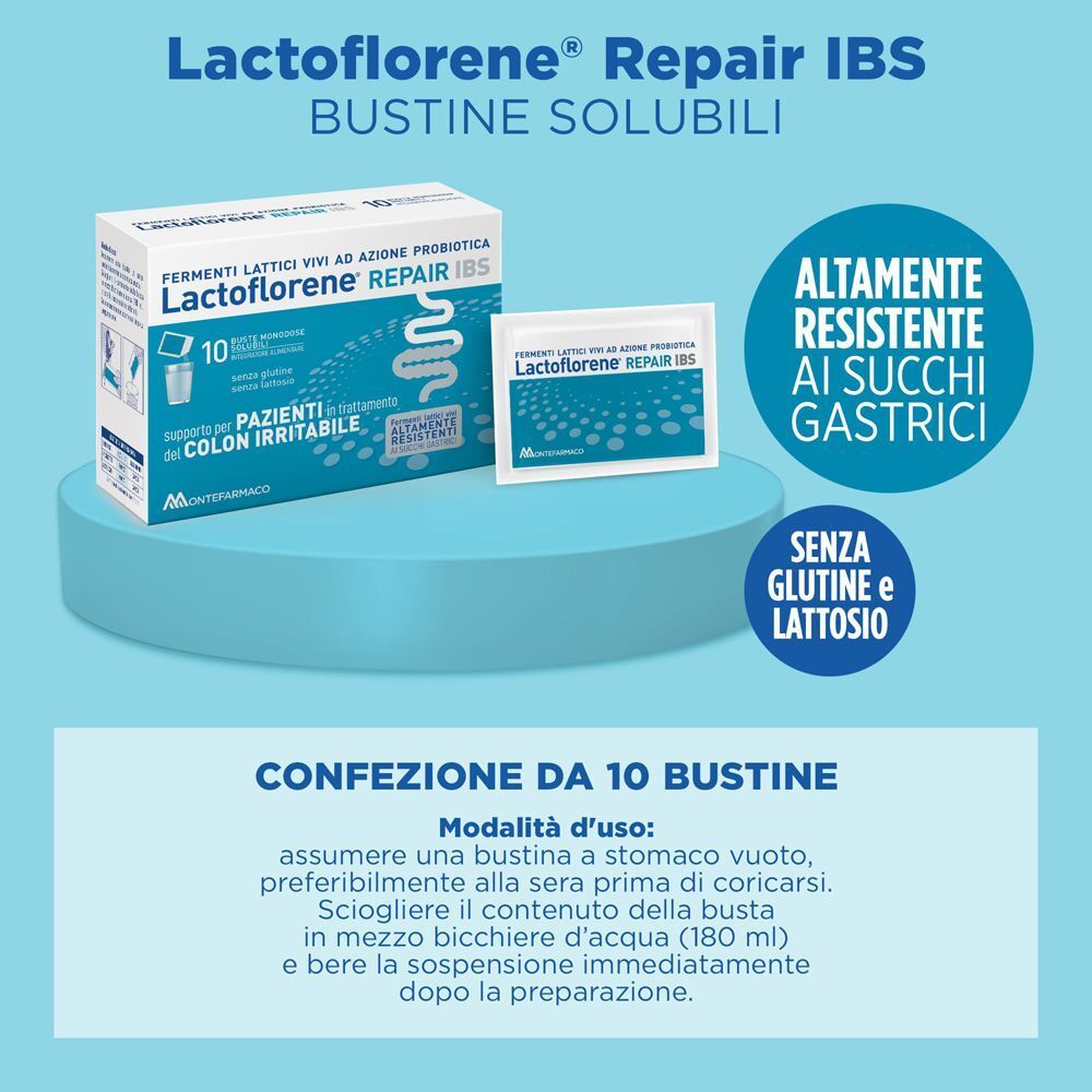 Lactoflorene Repair IBS: 10 bustine solubili, altamente resistenti ai succhi gastrici, senza glutine e lattosio.