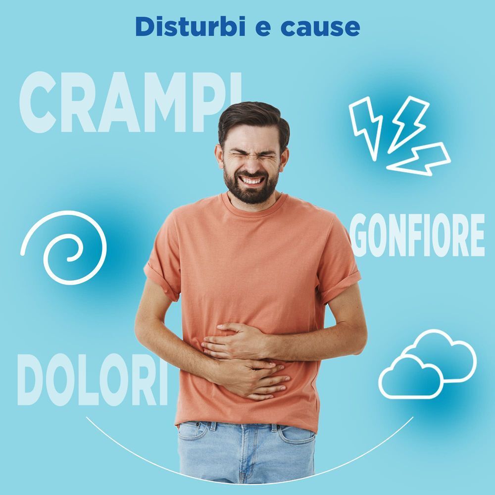 Uomo con dolori addominali, circondato da simboli per crampi, gonfiore e dolori.