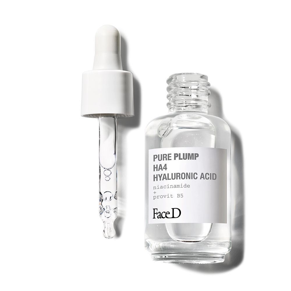 Un flacone di Face D Pure Plump HA4 Acido Ialuronico con contagocce rimosso.