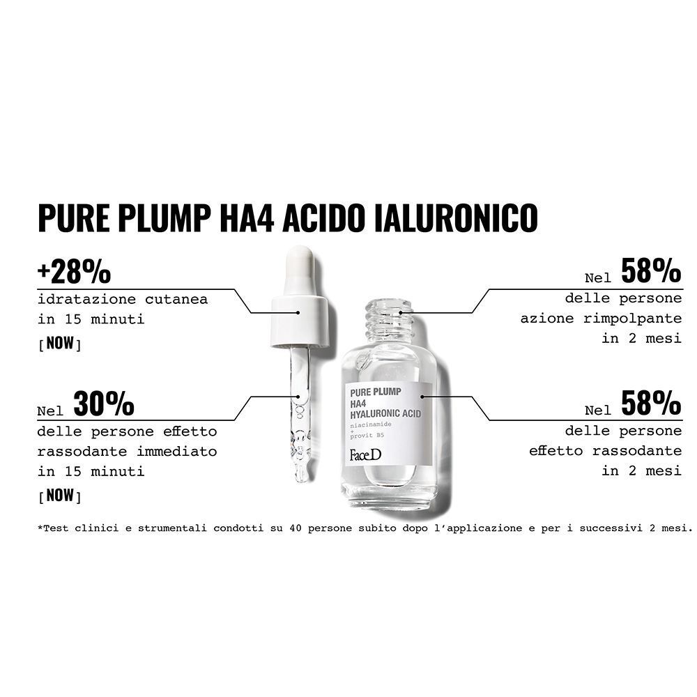 Face D Pure Plump HA4 Acido Ialuronico: flacone e testo con risultati di studi su idratazione e rassodamento della pelle.