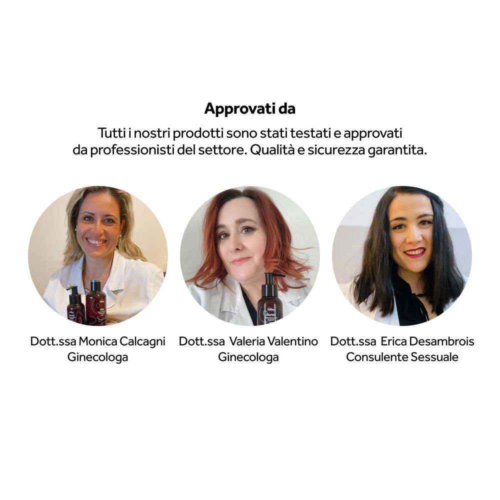 Tre donne in camice bianco che tengono prodotti Dafne Doride. Ginecologhe e consulente sessuale.