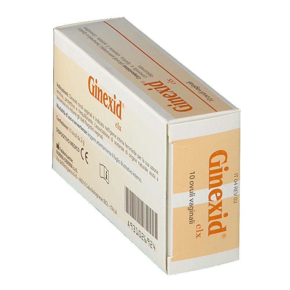 Vista prospettica di una confezione di Ginexid clx Ovuli Vaginali con informazioni sul prodotto.