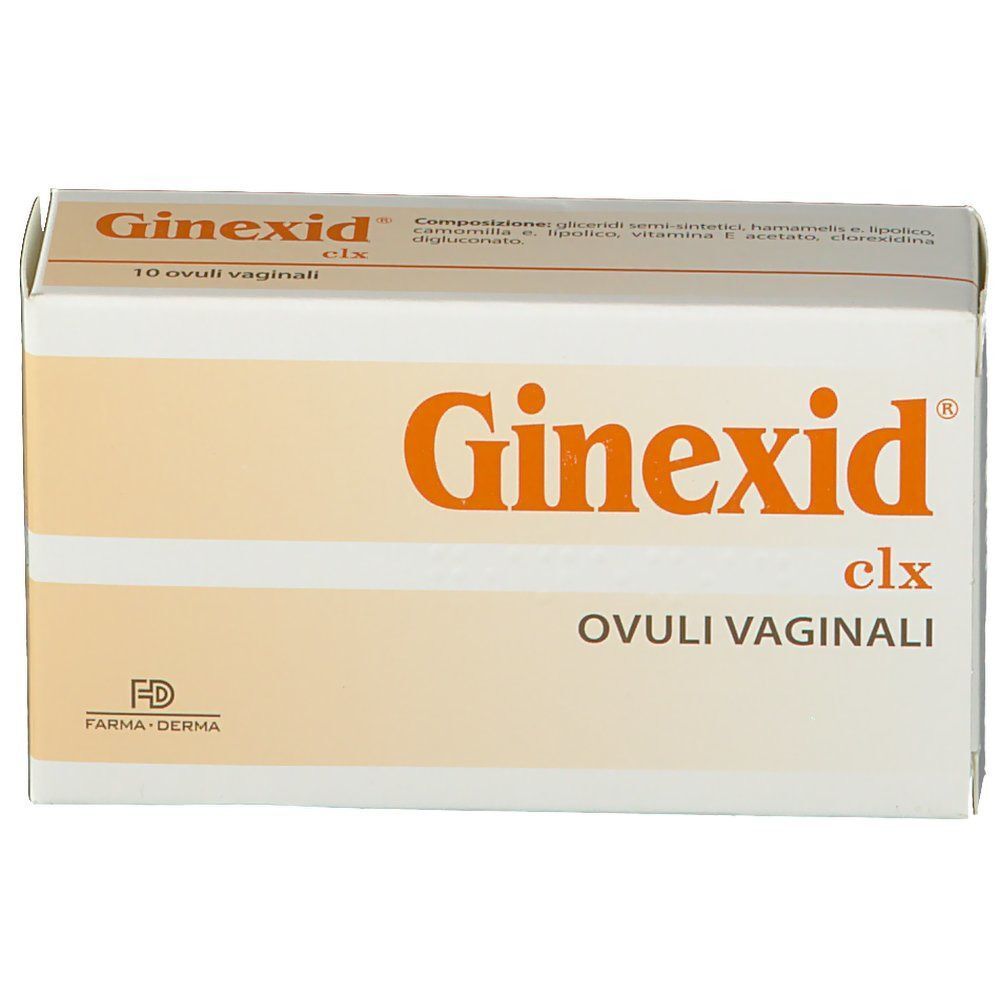 Fronte di una confezione di Ginexid clx Ovuli Vaginali, bianco con scritte arancioni.