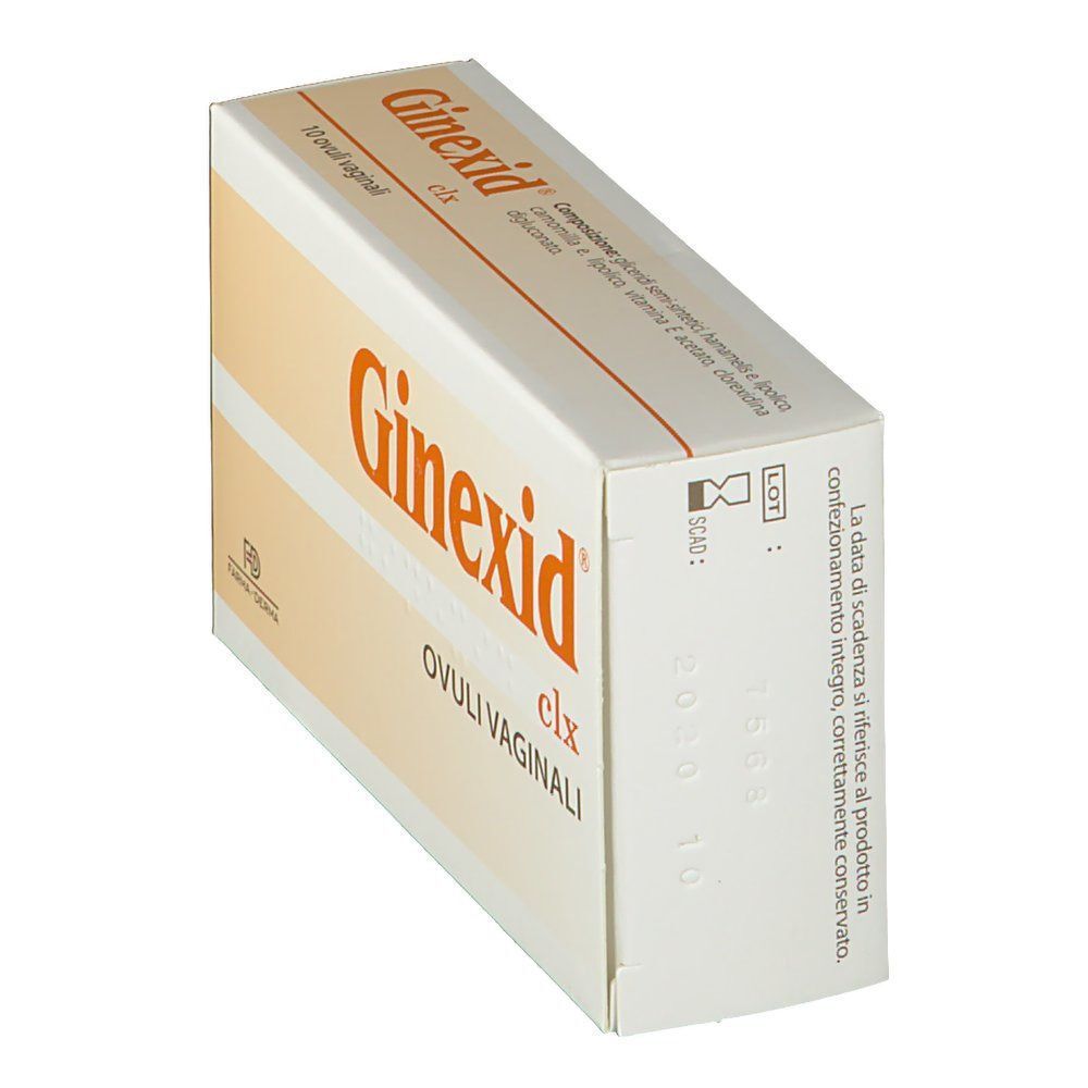 Confezione di Ginexid clx Ovuli Vaginali, vista laterale con data di scadenza e numero di lotto.