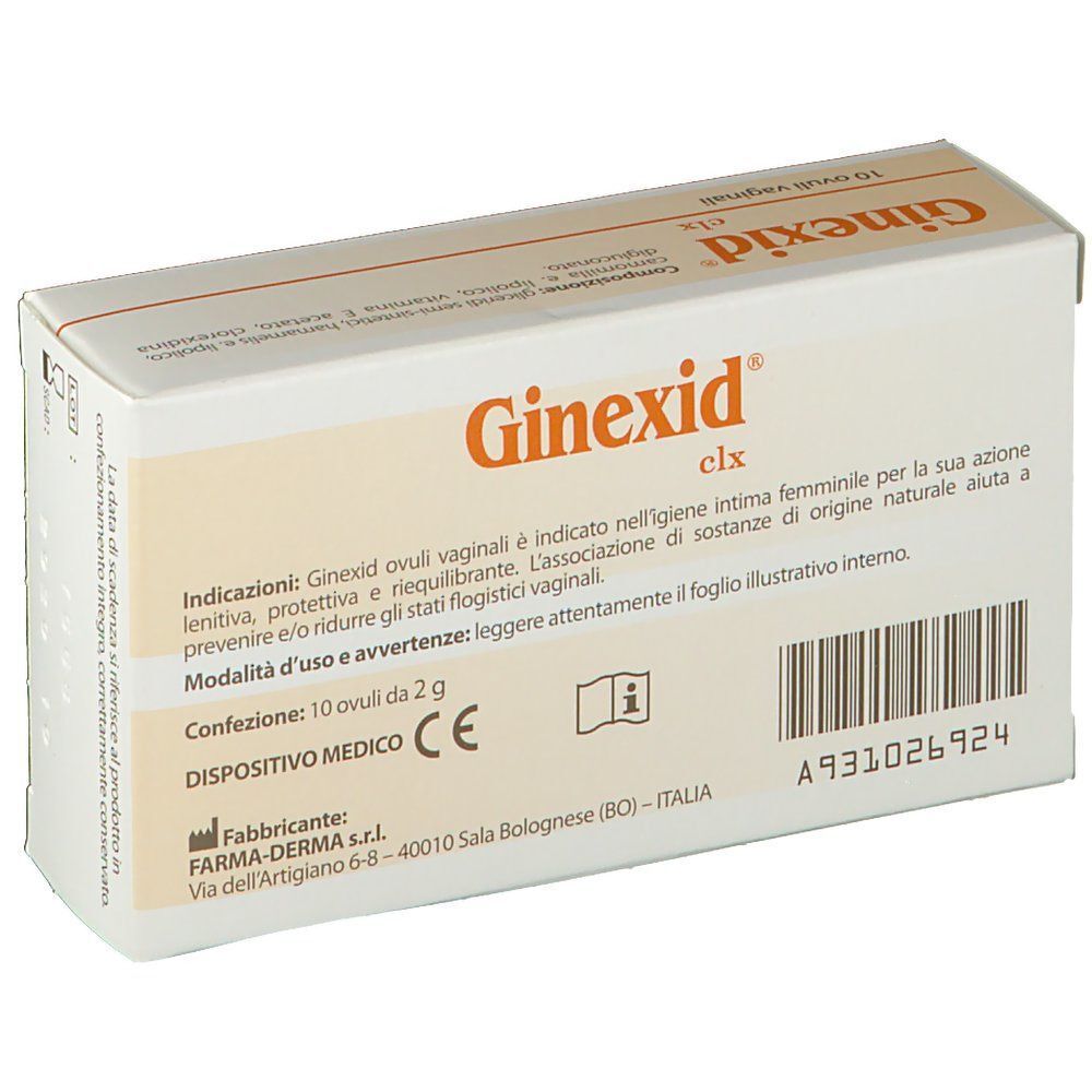Retro di una confezione di Ginexid clx Ovuli Vaginali con marchio CE e dati del produttore.