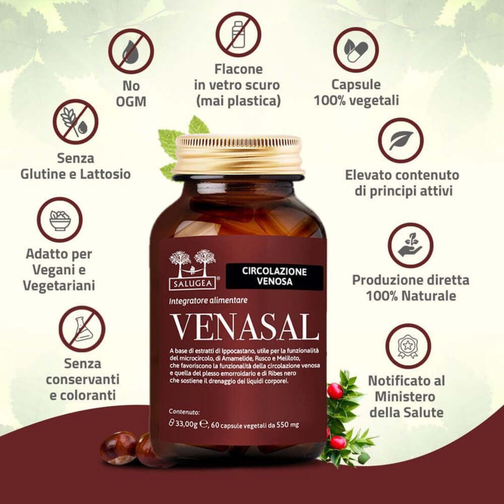 Venasal Salugea: capsule 100% vegetali, senza OGM, adatte ai vegani.