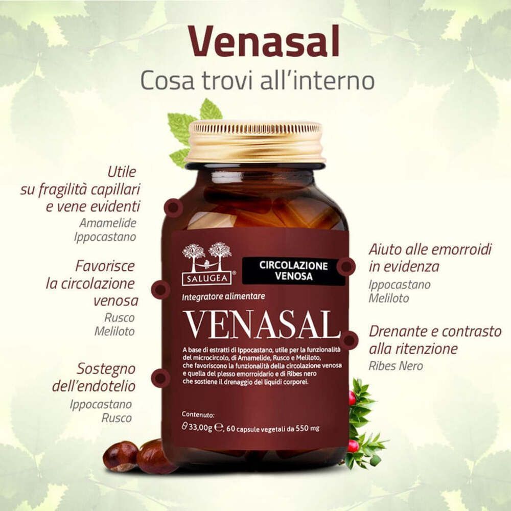 Venasal Salugea: utile per fragilità capillari e vene, supporta l'endotelio.