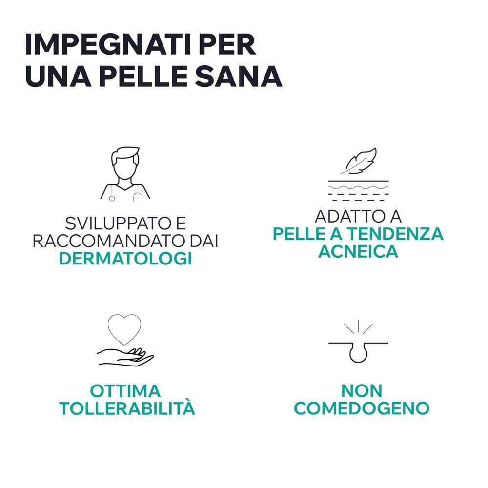 Sviluppato da dermatologi, per pelli a tendenza acneica, non comedogeno, ottima tollerabilità.