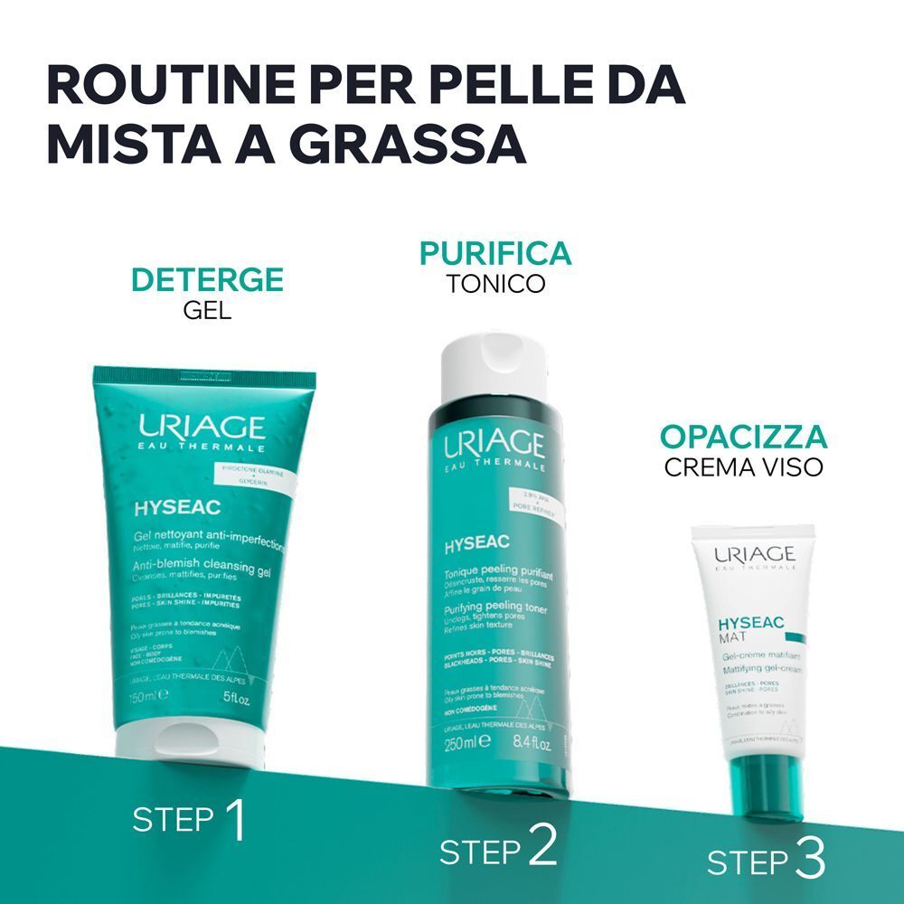 Routine per pelli da miste a grasse: Gel detergente, tonico purificante, crema viso opacizzante.