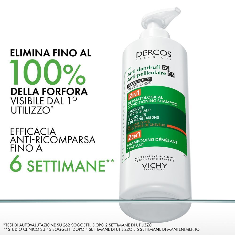 Un flacone di shampoo Vichy Dercos 2in1 Shampoo + Balsamo antiforfora, con testo sull'efficacia fino a 6 settimane.