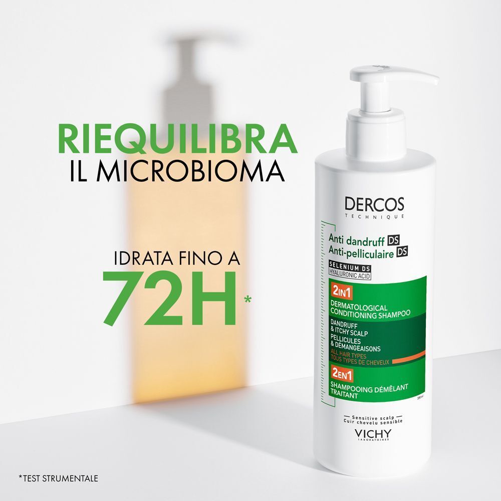Un flacone di shampoo antiforfora Vichy Dercos, con testo sul riequilibrio del microbioma e idratazione fino a 72h.