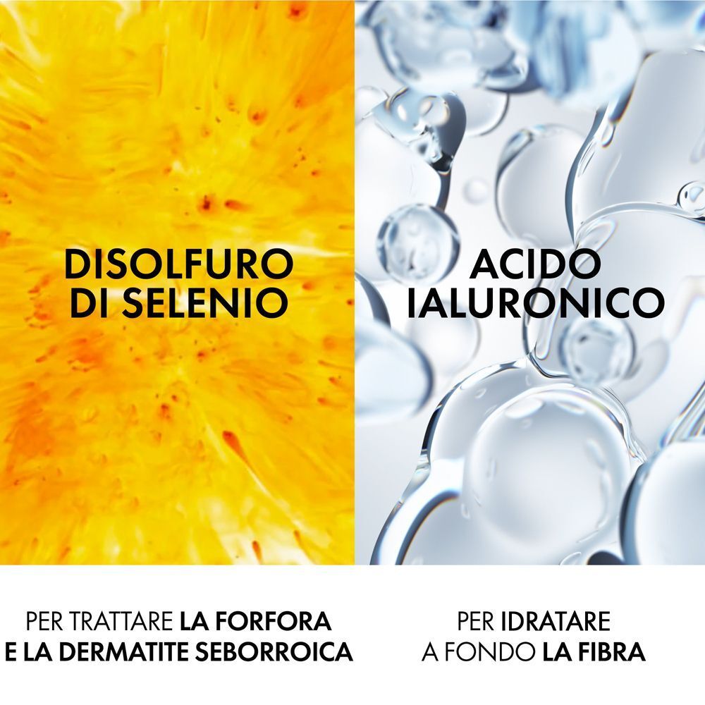 Immagine astratta di disolfuro di selenio e acido ialuronico, ingredienti dello shampoo antiforfora Vichy Dercos.
