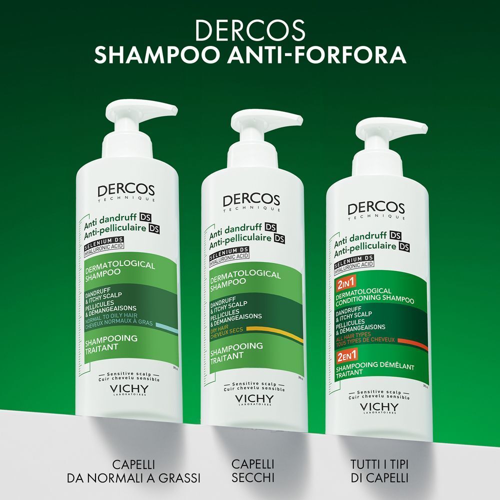 Tre flaconi di shampoo Vichy Dercos: capelli da normali a grassi, capelli secchi e tutti i tipi di capelli.