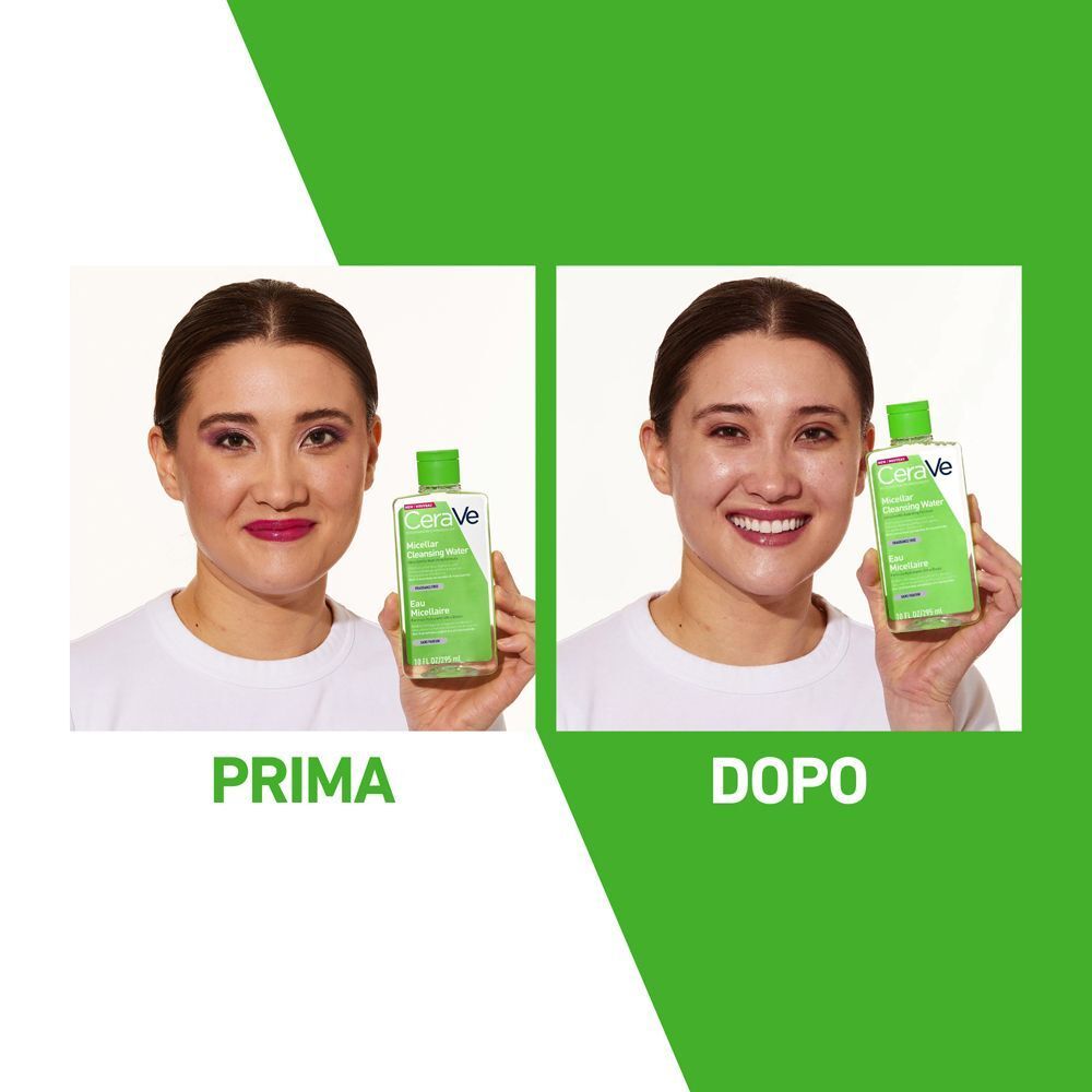 Confronto prima e dopo: donna con trucco e poi con pelle pulita, tiene Acqua Micellare CeraVe.