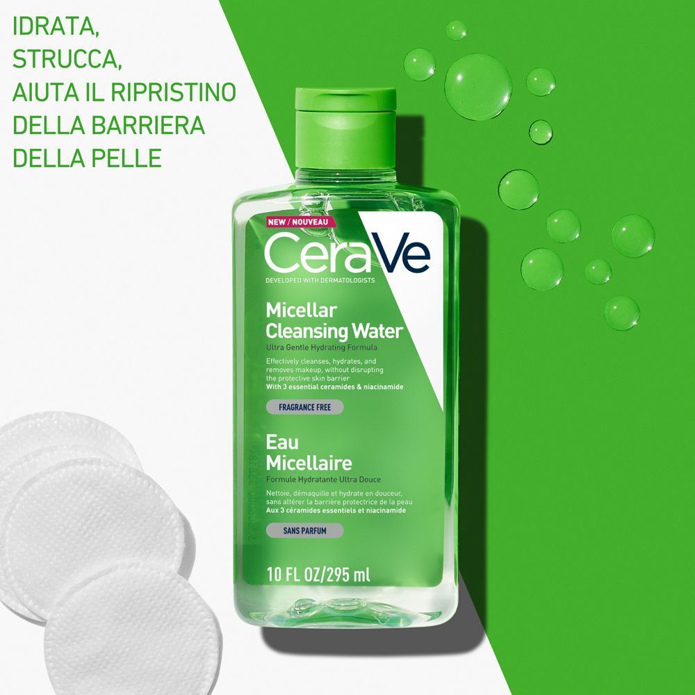 Acqua micellare CeraVe con tre dischetti di cotone e gocce d'acqua.