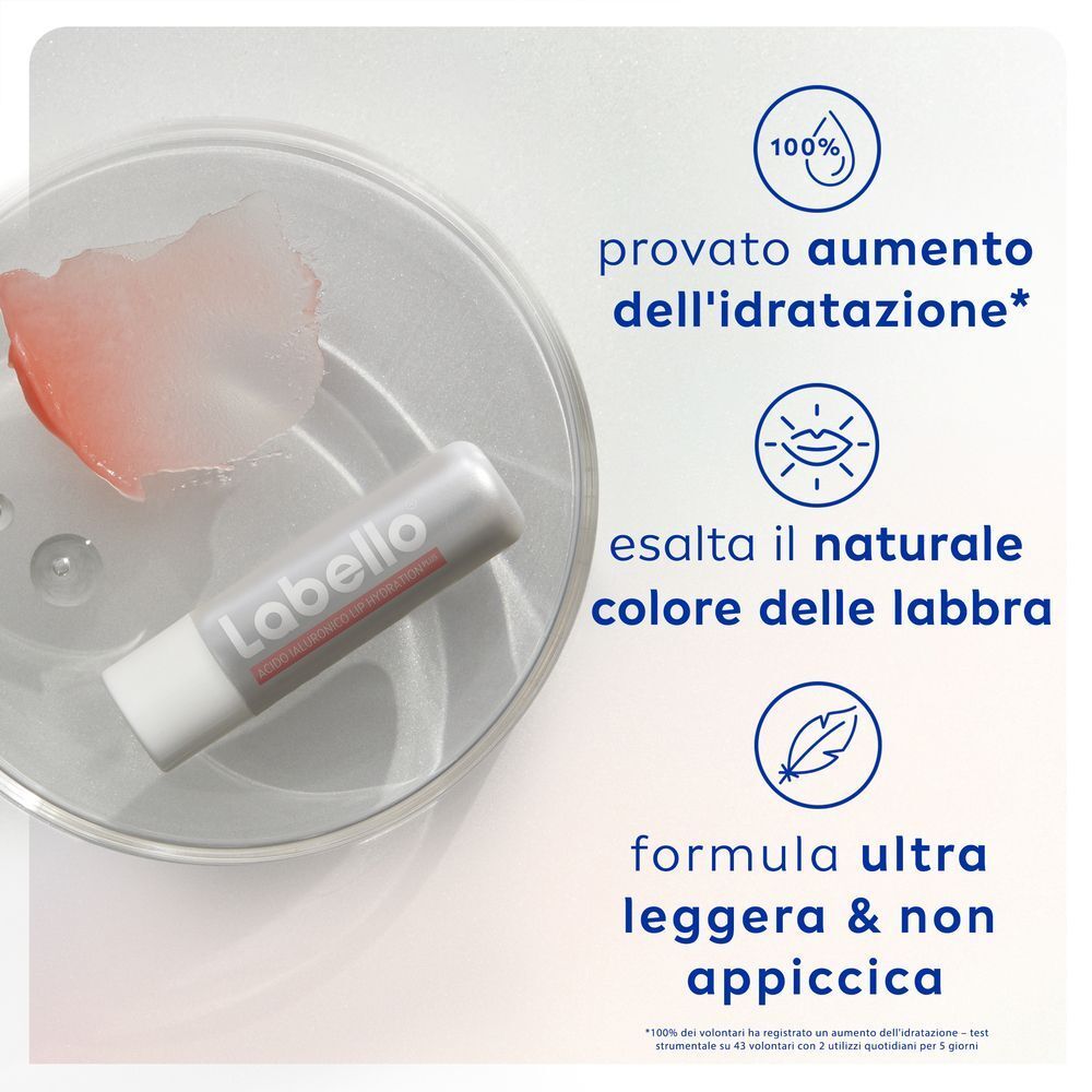 Balsamo labbra Labello Acido Ialuronico: aumento idratazione, colore naturale, formula leggera.