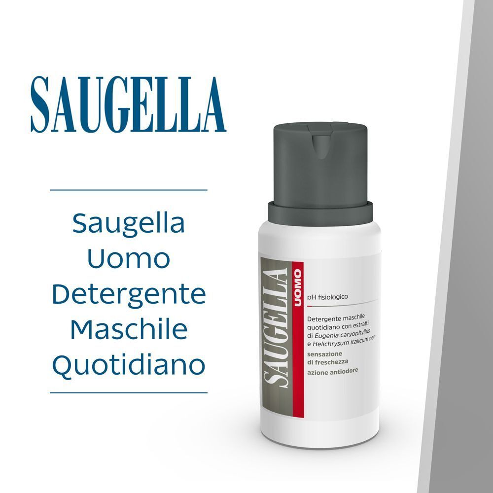 Un flacone bianco Saugella Uomo con tappo grigio, etichettato, accanto al nome del marchio.