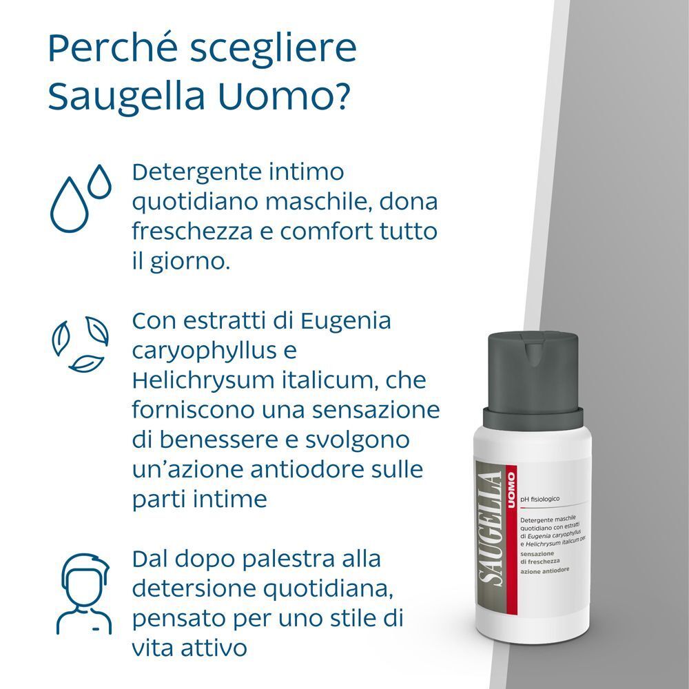 Un flacone bianco Saugella Uomo con tappo grigio, accanto a testo e icone che descrivono i benefici.