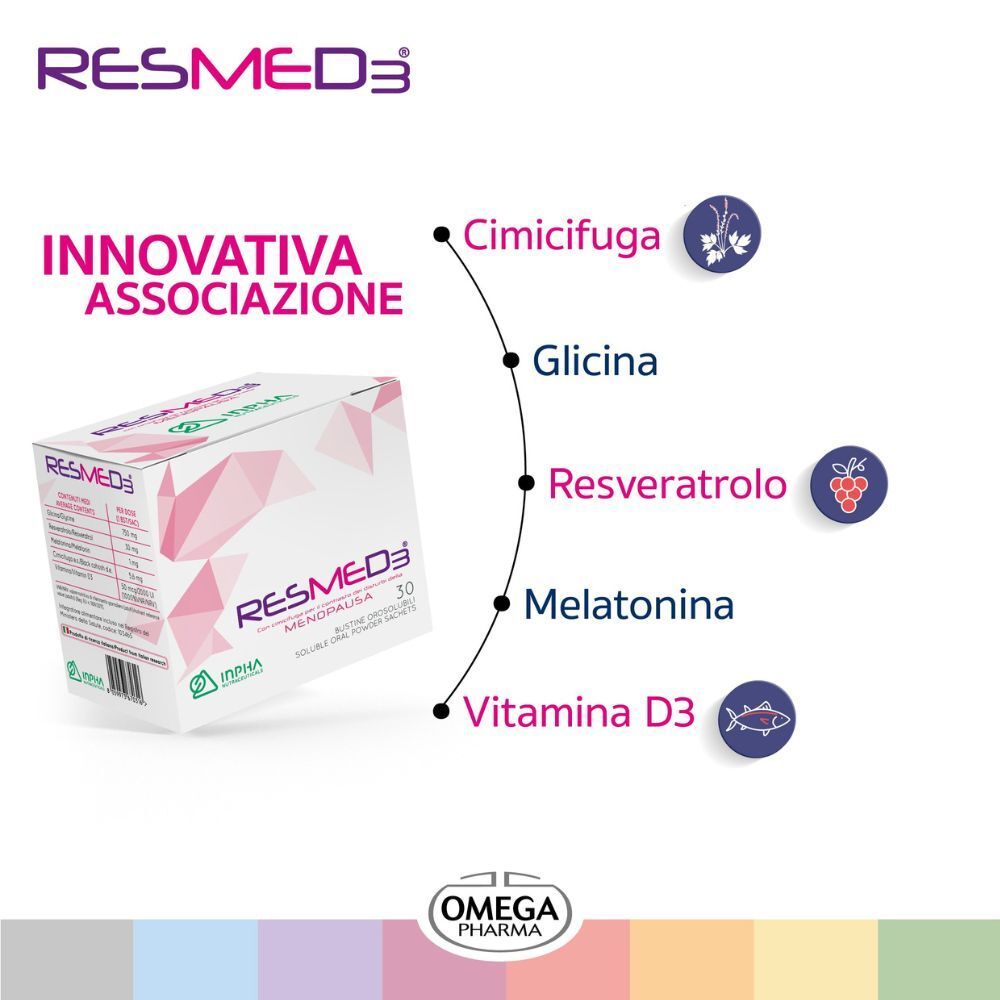 Confezione RESMED3® Bustine con ingredienti: Cimicifuga, Glicina, Resveratrolo, Melatonina, Vitamina D3.