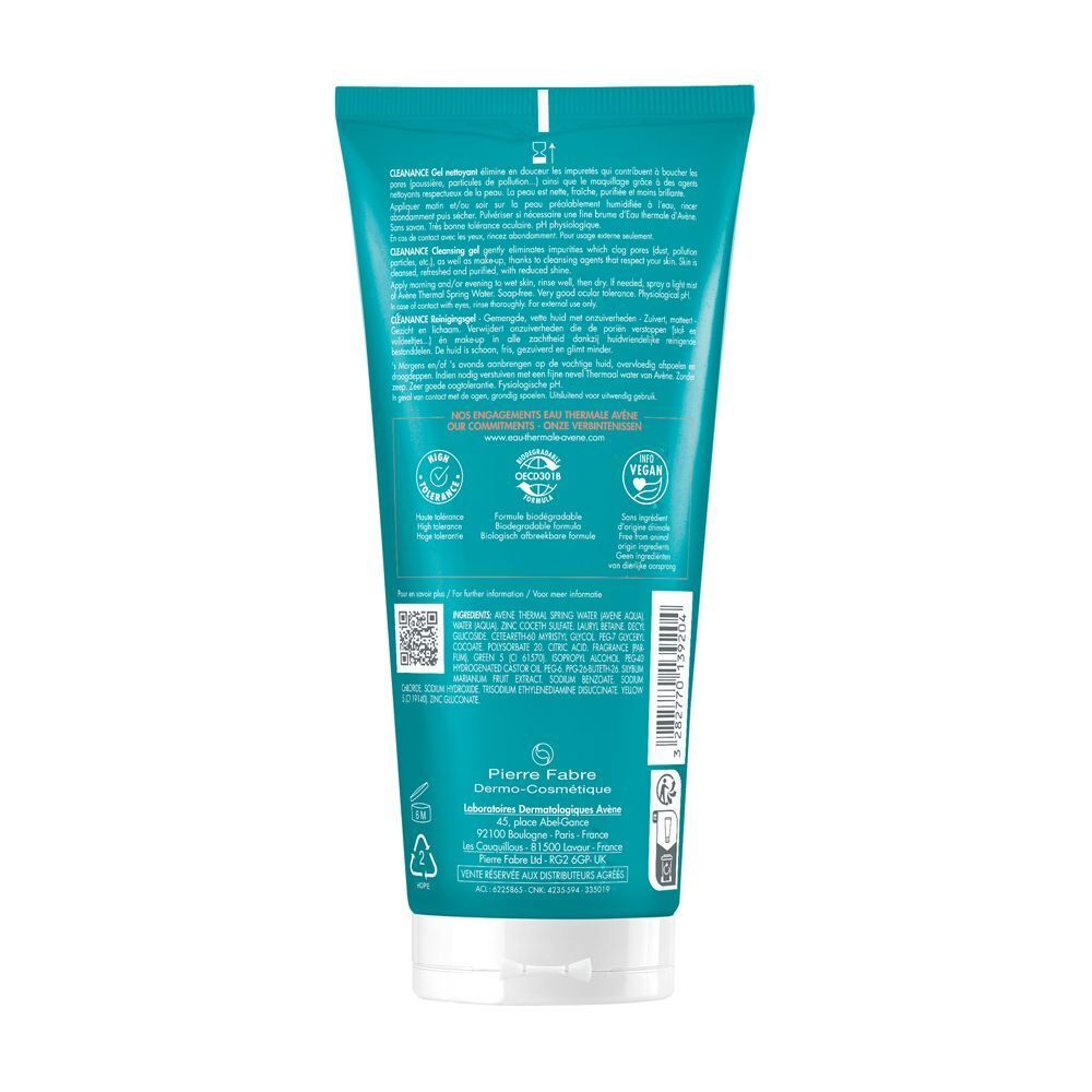 Retro di un flacone di Gel Detergente Eau Thermale Avène Cleanance con istruzioni e sigilli.