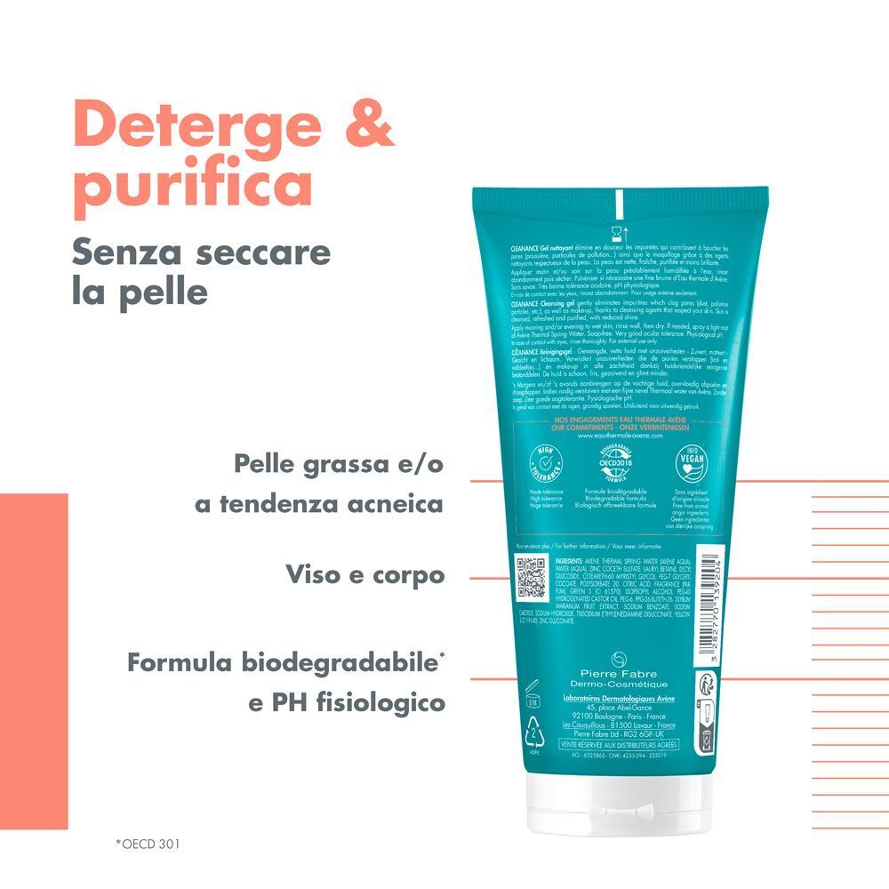 Retro di un tubo turchese Eau Thermale Avène Cleanance Gel con ingredienti e certificazioni.