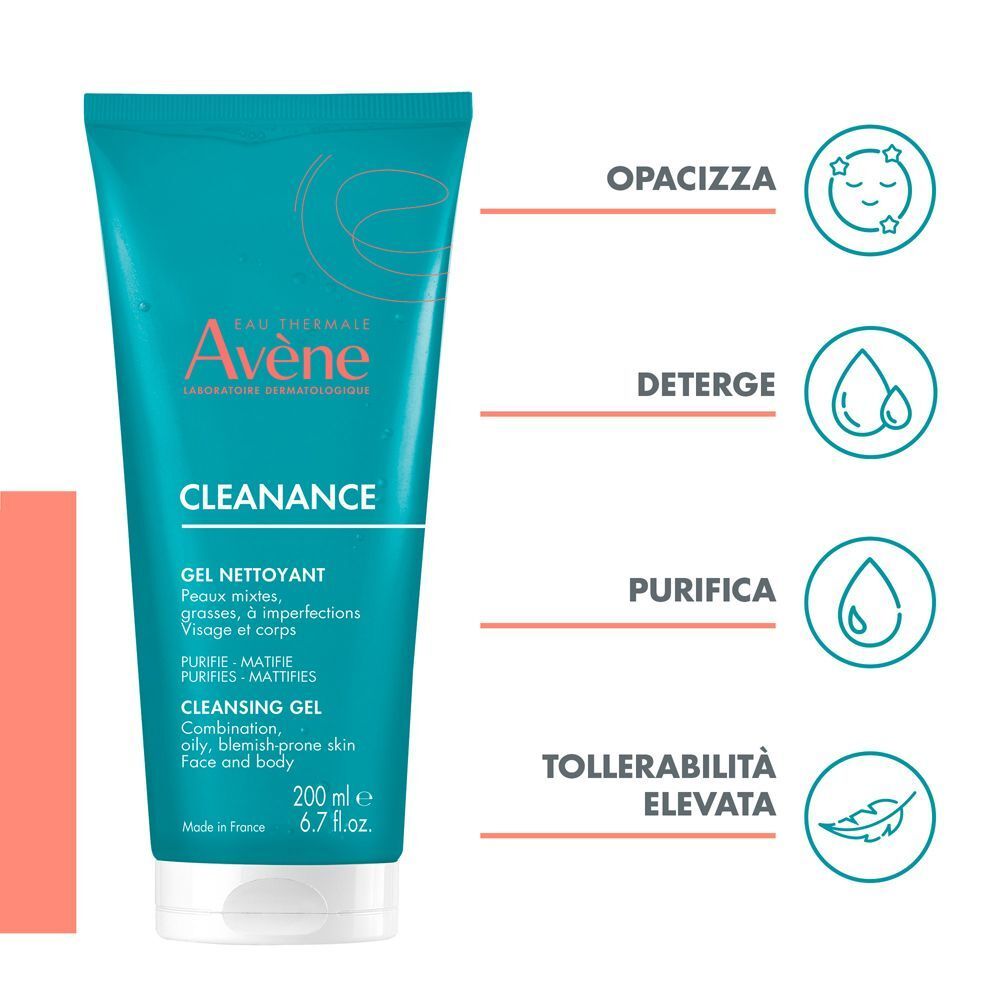 Tubo turchese Eau Thermale Avène Cleanance Gel con icone per opacizzare, detergere e purificare.