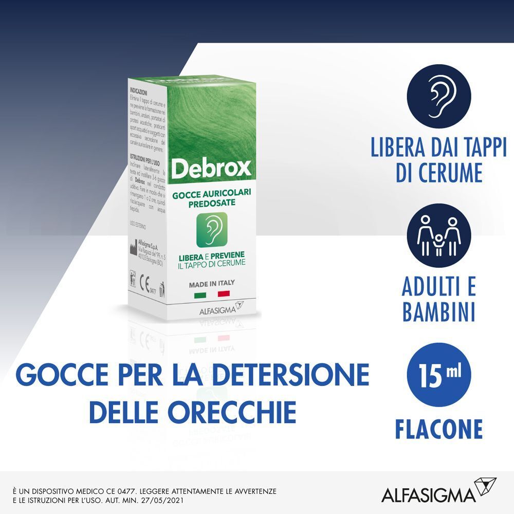 Gocce auricolari Debrox: scatola, flacone, icone adulti/bambini e 15ml.
