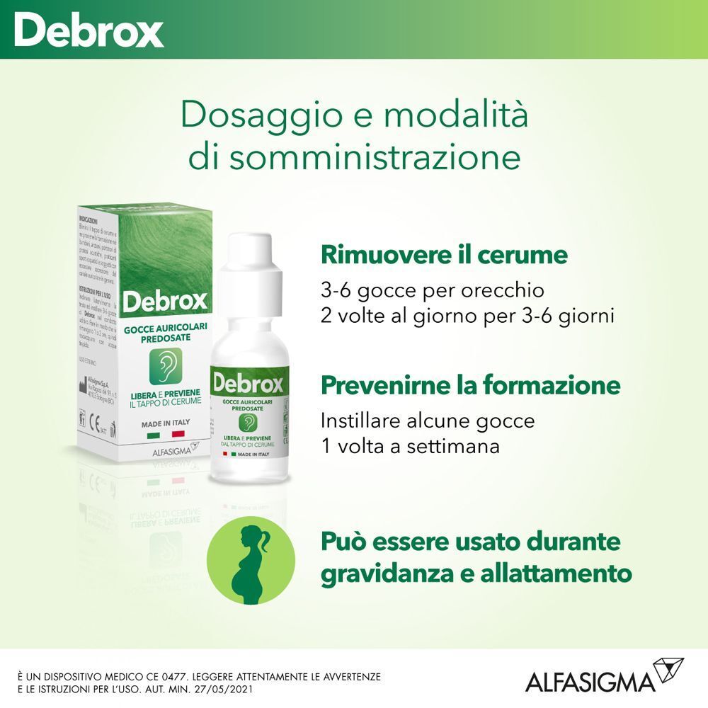 Gocce auricolari Debrox: scatola, flacone, dosaggio e modalità di somministrazione.