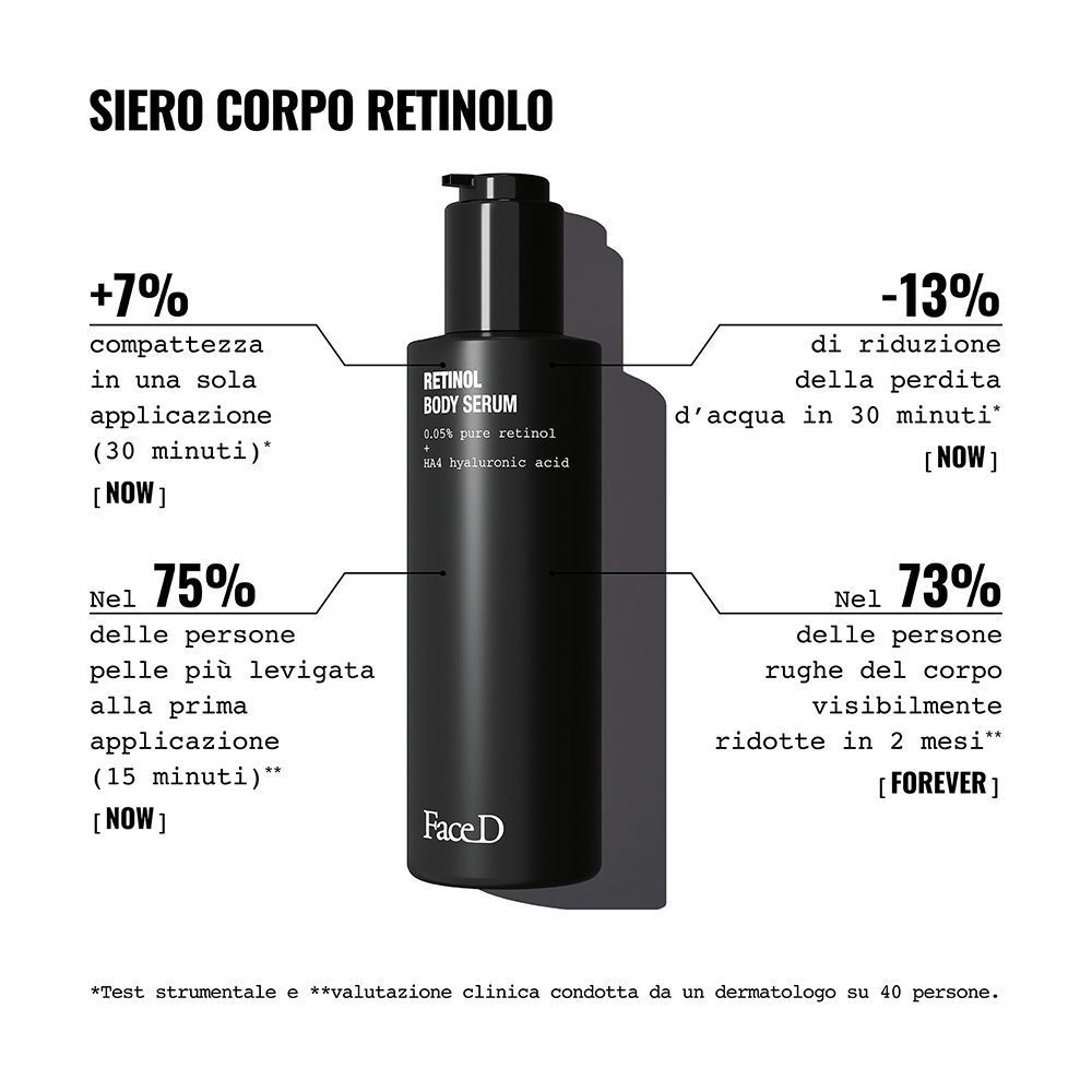 Flacone Face D Retinol Body Serum con risultati clinici su compattezza e idratazione della pelle.