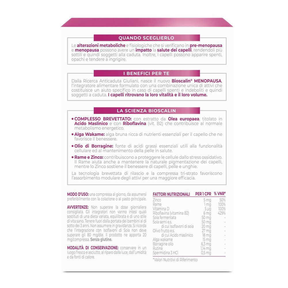 Retro di una confezione di compresse Bioscalin Menopausa con informazioni su ingredienti e benefici per la salute dei capelli.
