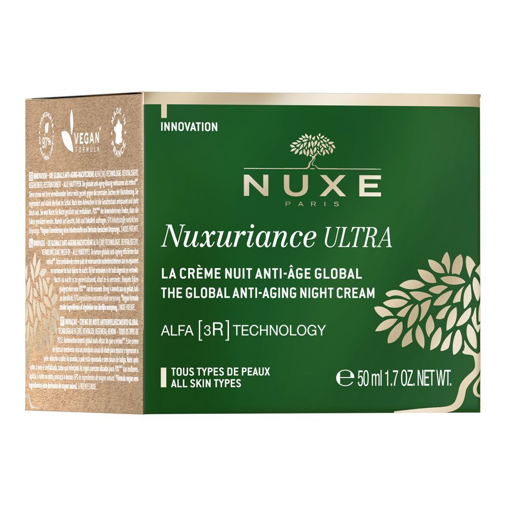 Confezione Nuxe Nuxuriance Ultra, verde e oro, con informazioni sul prodotto.