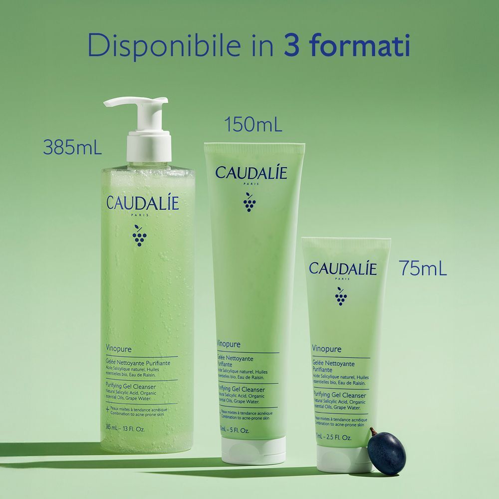 Tre formati del Caudalie Vinopure Gel Detergente: 385ml, 150ml, 75ml.