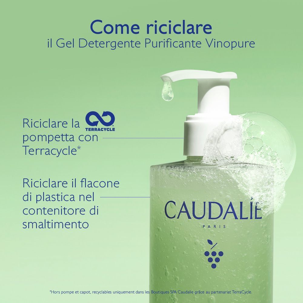 Flacone Caudalie Vinopure Gel Detergente con simbolo di riciclo.