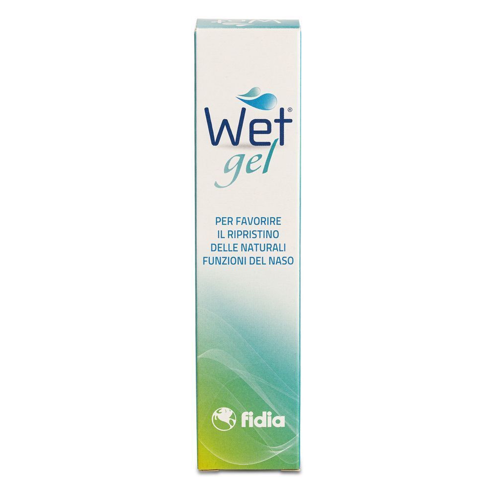 Confezione per spray nasale Wet Gel con sfumature blu e verdi e logo bianco.