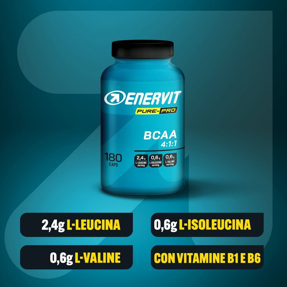 Flacone ENERVIT Pure-Pro BCAA 4:1:1 da 180 capsule. Contiene 2,4g L-Leucina, 0,6g L-Isoleucina, 0,6g L-Valina e Vitamine B1/B6.