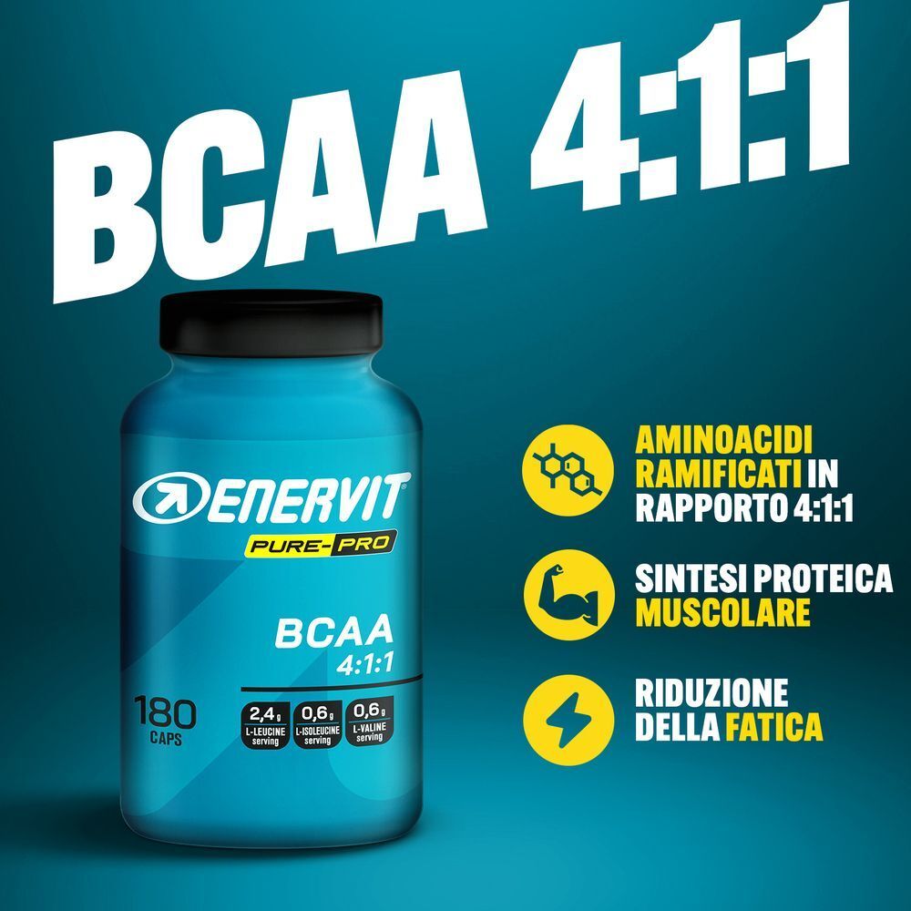 Flacone ENERVIT Pure-Pro BCAA 4:1:1 da 180 capsule. Aminoacidi ramificati 4:1:1 per la sintesi muscolare.