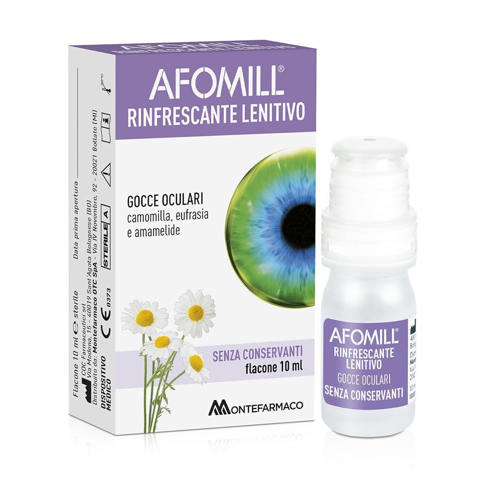 AFOMILL® Rinfrescante Lenitivo Gocce Oculari, 10 ml, flacone e scatola. Con immagine di occhio e margherite.