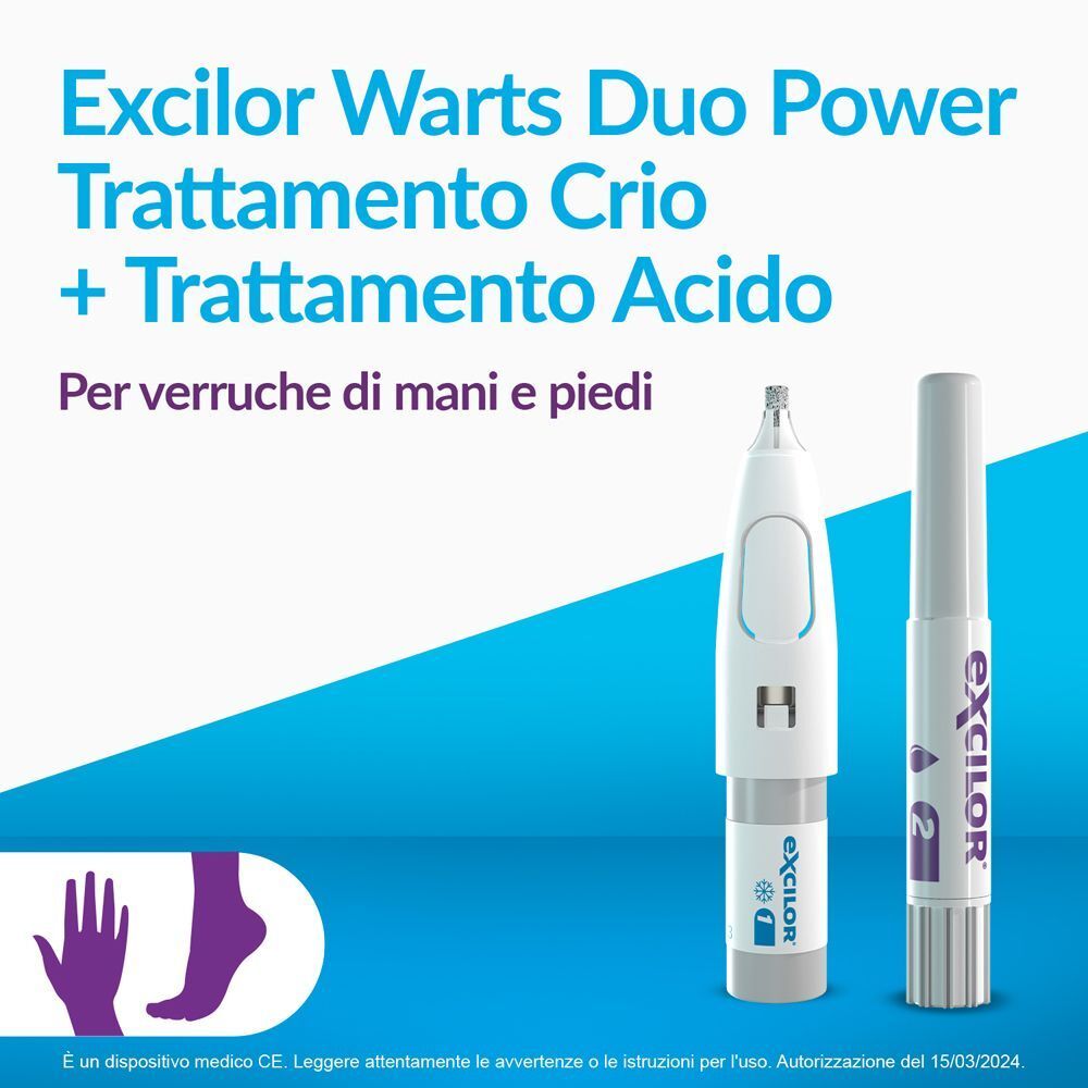 EXCILOR® Warts Duo Power Penna Cryo e Penna Acido per il trattamento delle verruche di mani e piedi. Contiene due dispositivi.
