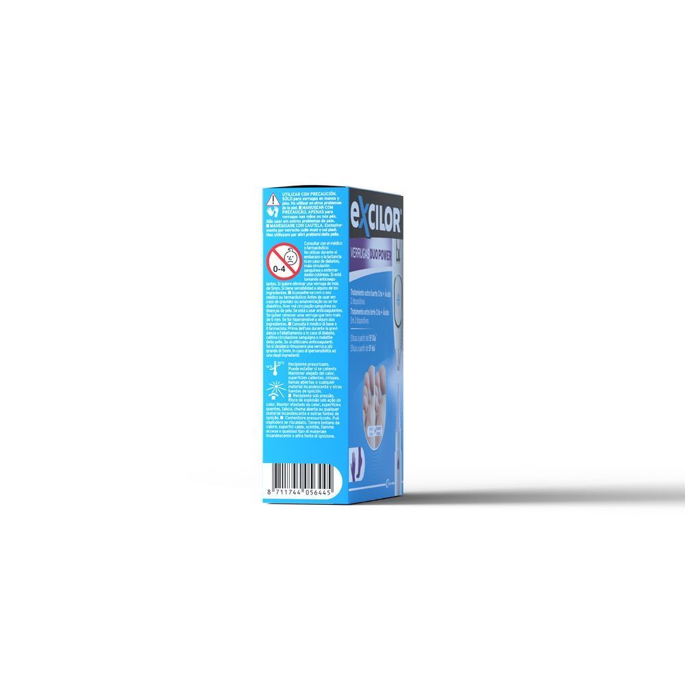 Vista laterale della confezione della penna EXCILOR® Warts Duo Power con avvertenze e codice a barre.
