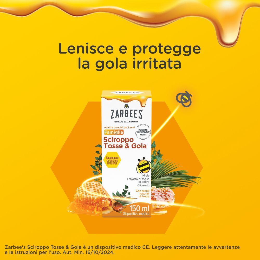 Sciroppo Zarbee's: Lenisce e protegge la gola irritata. Con favo di miele e foglie di edera.