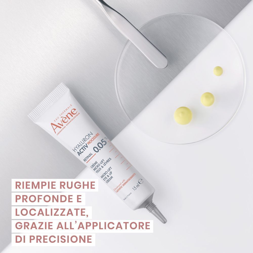 Tubetto di crema micro-lift contorno occhi e labbra Avène Hyaluron Activ Procedure con applicatore di precisione.