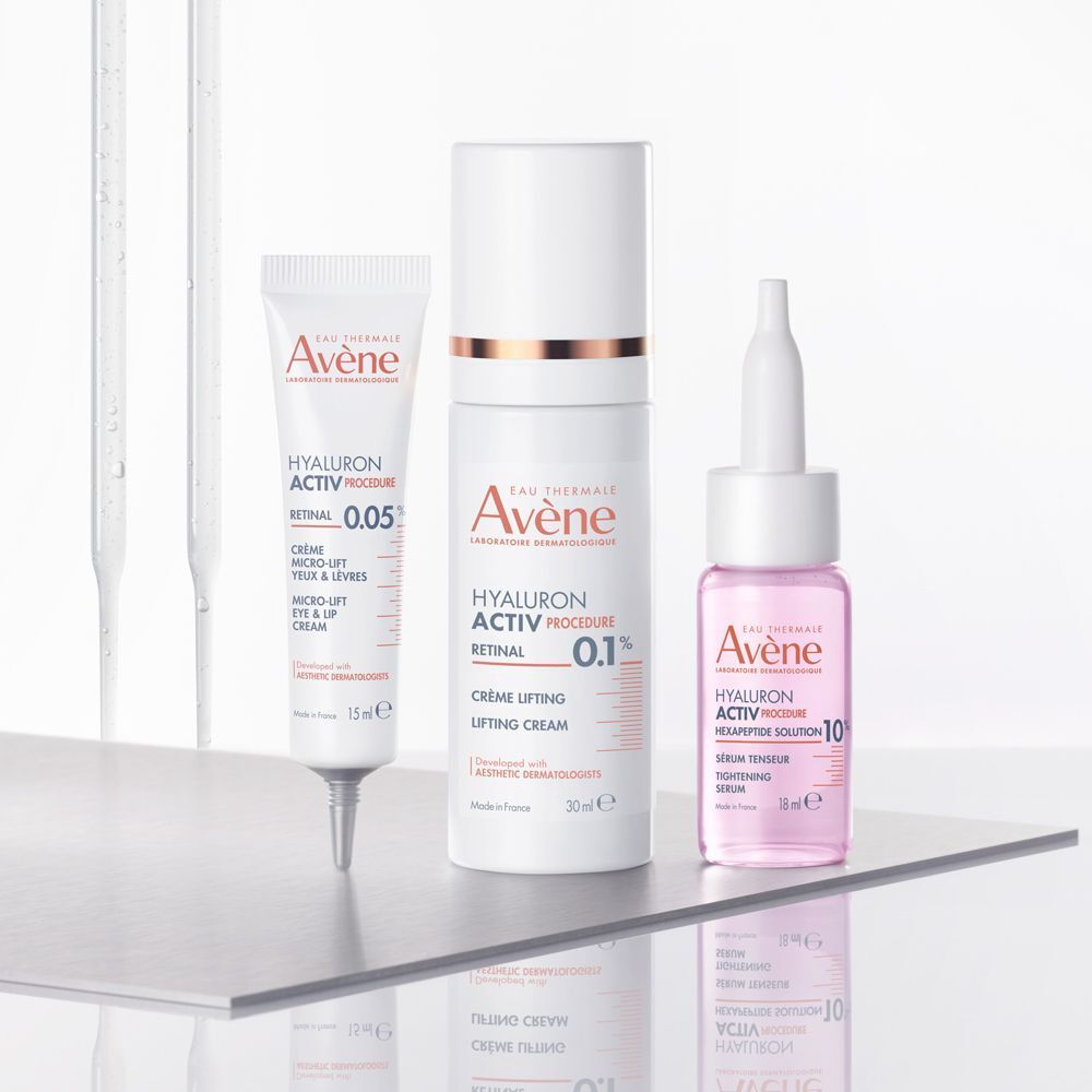 Prodotti Avène Hyaluron Activ Procedure: Crema Occhi & Labbra, Crema Lifting, Siero Tensor.