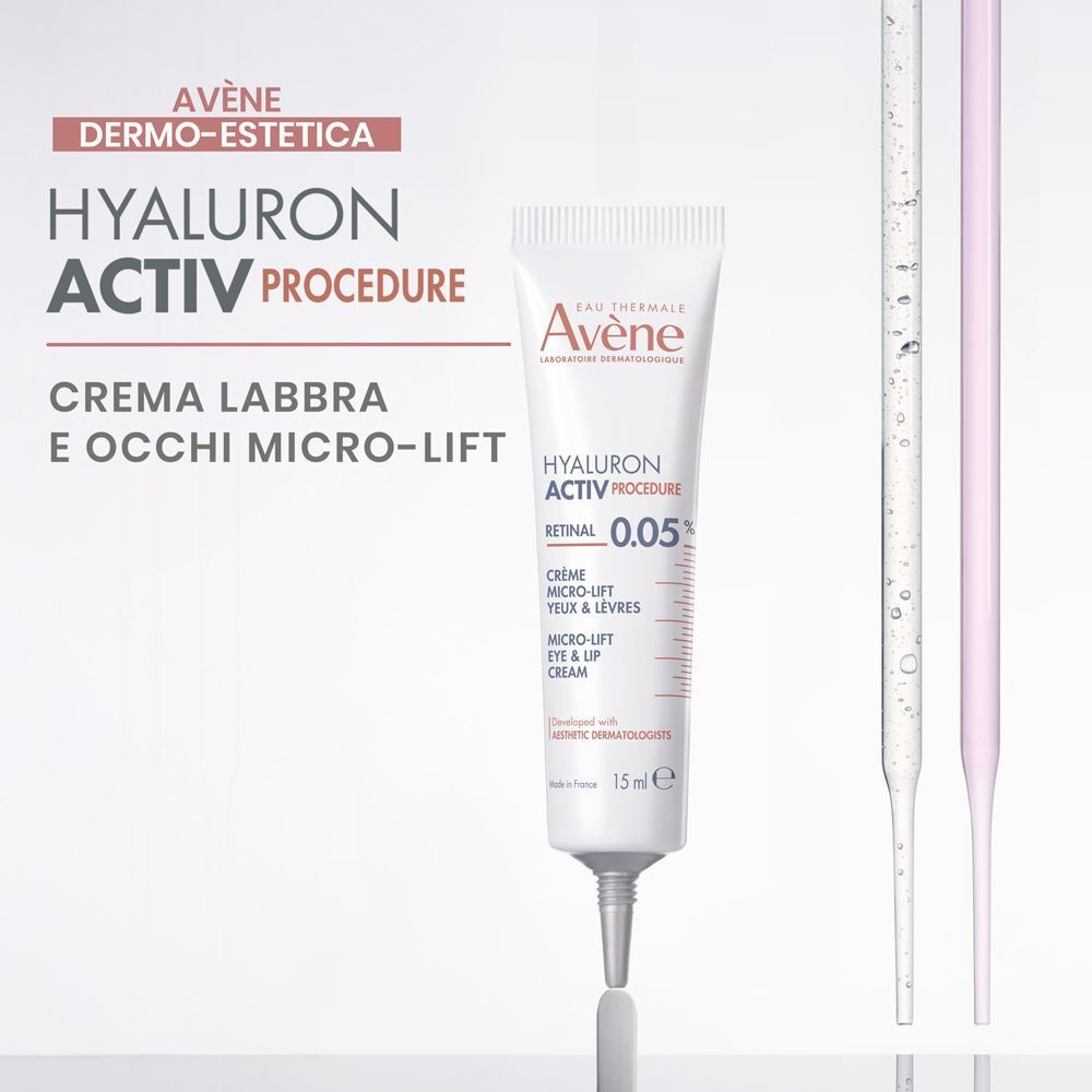 Avène Hyaluron Activ Procedure Crema Micro-Lift Occhi & Labbra, Retinal 0,05%, 15ml, con applicatori.