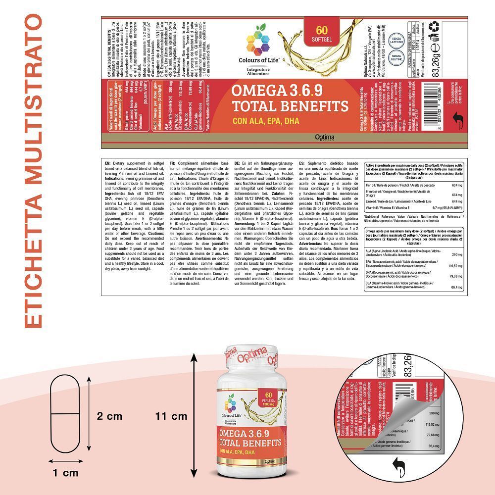 Flacone ed etichetta di Colours of Life Omega 3.6.9 Total Benefits con dimensioni.