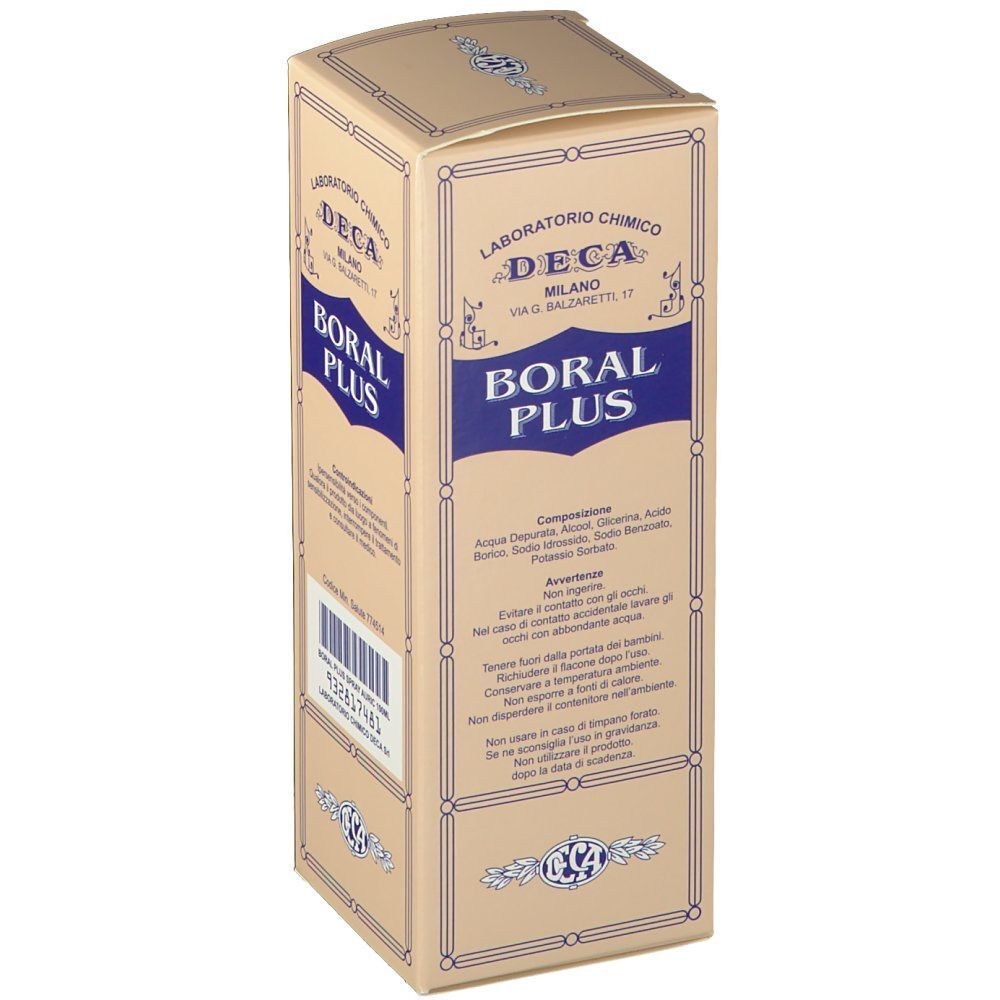 Scatola di Boral Plus Spray Auricolare, 100 ml, con avvertenze.